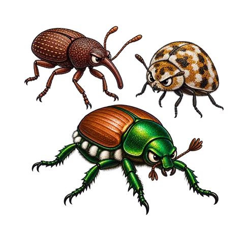 Cartoon illustration of beetles & weevils