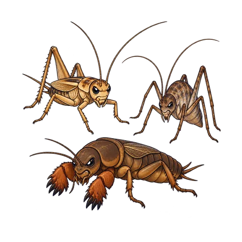 Stylized illustration of crickets & mole crickets