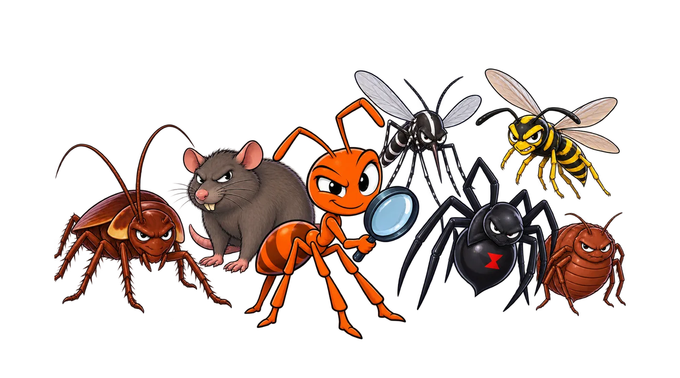 Cartoon pest characters including a cockroach, spider, mosquito, wasp, and rat