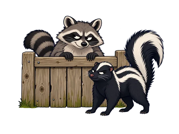 Cartoon skunk, raccoon and squirrel, wildlife around the yard