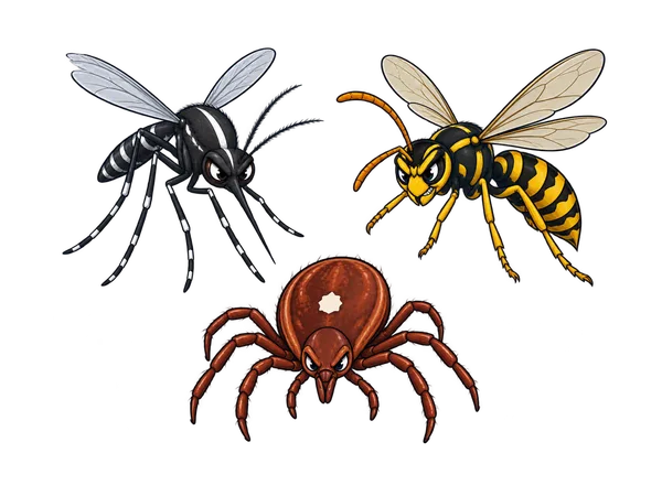 Cartoon mosquito, yellowjacket and tick, pests that bite or sting
