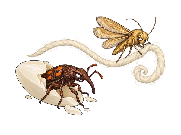 Cartoon Indianmeal moth, rice weevil and carpet beetle, pests of stored food and fabrics