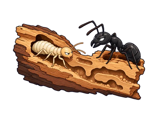 Cartoon carpenter ant, termite and powderpost beetle, pests that damage wood