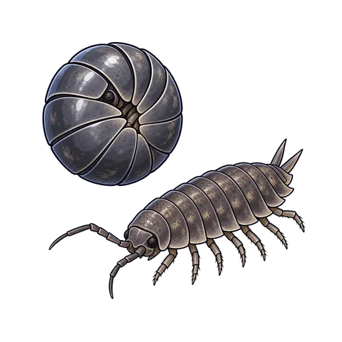 Stylized illustration of woodlice / pillbugs & sowbugs